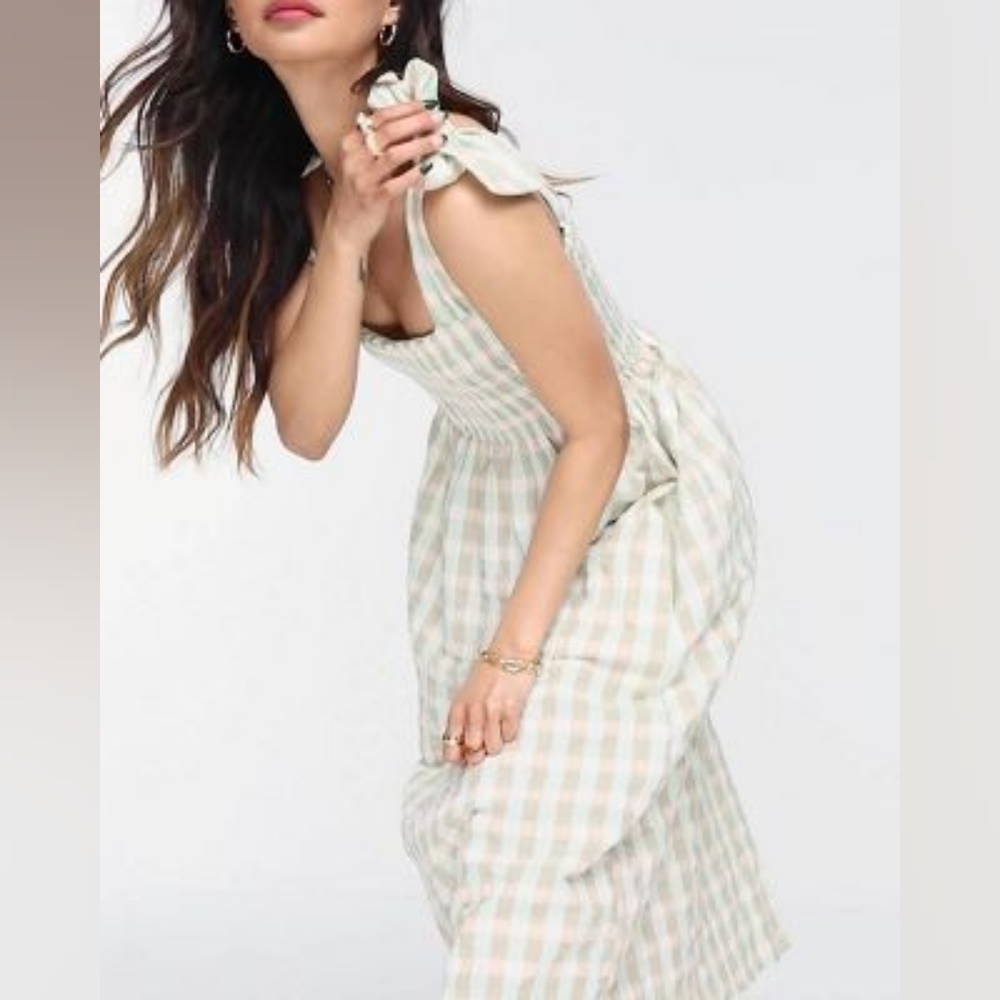 Mango Shirred Seersucker Midi Dress Gingham Green Tie Strap